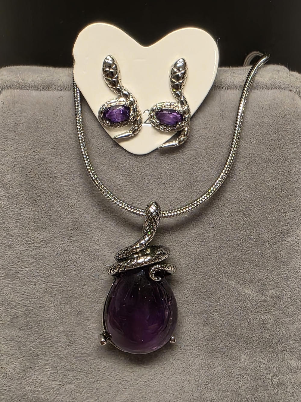 Silver Toned Snake Pendant Necklace with Purple Amethyst Drop and Matching Studs